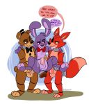  2018 animatronic anthro bear bonnie_(fnaf) bow_tie canine digital_media_(artwork) eye_patch eyewear five_nights_at_freddy&#039;s fox foxudders foxy_(fnaf) freddy_(fnaf) hi_res lagomorph machine male male/male mammal penis rabbit robot simple_background video_games 