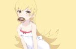  bakemonogatari blonde_hair commentary doughnut dress food highres looking_at_viewer monogatari_(series) oshino_shinobu solo tr_(hareru) white_dress yellow_background yellow_eyes 
