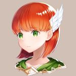  bangs beige_background closed_mouth collarbone expressionless eyebrows_visible_through_hair fire_emblem fire_emblem:_rekka_no_ken fire_emblem_heroes green_eyes hair_ornament portrait priscilla_(fire_emblem) red_hair ringozaka_mariko short_hair simple_background solo wing_hair_ornament 