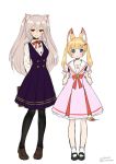  &gt;:) animal_ear_fluff animal_ears arms_behind_back black_legwear blonde_hair blue_eyes blush cat_ears commentary_request dated fox_ears fox_tail full_body grey_hair hair_ornament hairclip highres kemomimi_oukoku_kokuei_housou long_hair looking_at_viewer mikoko_(kemomimi_oukoku_kokuei_housou) morikura_en multiple_girls neck_ribbon nora_cat nora_cat_channel pantyhose red_eyes ribbon simple_background sketch smile standing tail twintails twitter_username virtual_youtuber white_background 