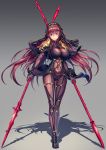  breasts covered_navel dual_wielding fate/grand_order fate_(series) gae_bolg gradient gradient_background hair_intakes highres holding holding_weapon long_hair looking_at_viewer pauldrons polearm purple_bodysuit purple_hair red_eyes scathach_(fate)_(all) scathach_(fate/grand_order) shoulder_armor spear tako_seijin veil very_long_hair weapon 