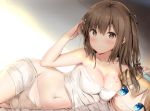  bachibachi_(tisen) bangs bare_arms bare_shoulders blush bodypaint breasts brown_eyes brown_hair character_name character_pillow cleavage collarbone eyebrows_visible_through_hair girls_frontline groin hair_ornament hairclip hand_in_hair highres k-2_(girls_frontline) light_particles long_hair looking_at_viewer lying medium_breasts naked_sheet navel on_side panties pillow pillow_hug shiny shiny_skin sidelocks smile solo stomach suomi_kp31_(girls_frontline) thighs underwear 