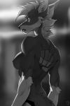  2018 anthro bare_back black_lips blurred_background breasts canine clothed clothing coalpaw digital_media_(artwork) female greyscale hybrid mammal monochrome muscular nipples solo tattoo topless wildering 