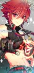  artist_name bare_shoulders belt black_shirt character_name closed_mouth collared_shirt copyright_name crop_top elsword elsword_(character) fingerless_gloves gloves hair_between_eyes jewelry long_hair low-tied_long_hair midriff navel necklace pika_(kai9464) red_eyes red_hair rune_slayer_(elsword) runes shirt smile solo striped striped_shirt upper_body zipper 