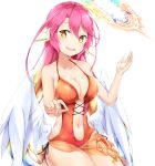  blue_hair blush breasts collarbone eyebrows_visible_through_hair feathered_wings hair_between_eyes halo halterneck head_tilt ikasoke_(likerm6au) jibril_(no_game_no_life) long_hair looking_at_viewer lotion medium_breasts multicolored_hair navel no_game_no_life one-piece_swimsuit open_mouth orange_eyes orange_hair orange_swimsuit pink_hair sarong sitting smile solo sunscreen swimsuit tattoo very_long_hair white_wings wings 