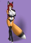  anthro aventis_vixxx big_breasts breasts canine clothed clothing dipstick_tail female fox hair mammal multicolored_tail navel red_hair simple_background smile solo tattoo 