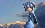  aircraft airplane blue_coat blue_eyes blue_hair cerulean_eagle_owl cloud coat commentary_request eurasian_eagle_owl_(kemono_friends) eyebrows_visible_through_hair fur_collar grey_hair head_wings kemono_friends long_sleeves looking_at_viewer multicolored_hair short_hair simple_background smile solo welt_(kinsei_koutenkyoku) 