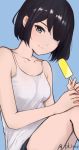  absurdres artist_name bangs bare_legs black_hair blue_eyes bob_cut camisole food hair_over_one_eye hand_on_own_knee highres light_smile looking_at_viewer original pk_trap popsicle short_hair shorts simple_background sitting solo 
