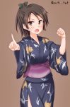  animal_print anti_(untea9) black_kimono brown_background brown_eyes brown_hair clenched_hand commentary cowboy_shot fish_print highres japanese_clothes kantai_collection kimono light_blush looking_at_viewer open_mouth pointing ponytail print_kimono qawsedrftgyhujikolp shikinami_(kantai_collection) short_hair short_ponytail simple_background solo twitter_username yukata 