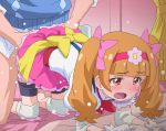  1girl aisaki_emiru all_fours bangs bike_shorts black_shorts blunt_bangs blush bow brown_hair commentary_request doggystyle eyebrows_visible_through_hair faceless faceless_male gloves hair_bow hairband hetero hugtto!_precure md5_mismatch open_mouth pink_bow pink_skirt precure red_eyes red_hairband sex short_hair shorts shorts_pull skirt tears tomu_(tomubobu) twintails white_gloves 
