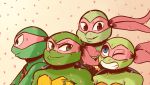  2018 anthro bandanna blue_eyes chipped_shell donatello_(tmnt) flower_petals freckles gradient_background green_eyes group inkyfrog leonardo_(tmnt) looking_at_viewer male mask michelangelo_(tmnt) mole_(marking) one_eye_closed petals raphael_(tmnt) red_eyes reptile scalie shell simple_background smile teenage_mutant_ninja_turtles tooth_gap turtle wink 