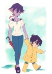  1girl black_hair boots child closed_umbrella facial_mark grey_eyes holding_hands hyakujuu-ou_golion jewelry keith_(voltron) krolia miyata_(lhr) mother_and_son necklace pants pointy_ears puddle purple_eyes purple_hair purple_skin raincoat rubber_boots sandals smile spoilers umbrella voltron:_legendary_defender walking yellow_sclera younger 