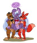  2018 animatronic anthro bear bonnie_(fnaf) bow_tie canine digital_media_(artwork) eye_patch eyewear five_nights_at_freddy&#039;s fox foxudders foxy_(fnaf) freddy_(fnaf) hi_res hook lagomorph machine male male/male mammal penis rabbit robot simple_background video_games 