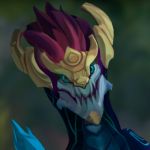  aurelion_sol_(lol) belly_scales blue_eyes blue_scales blurred_background crown dragon eastern_dragon hair headgear headshot_portrait jewelry league_of_legends looking_at_viewer male markings portrait purple_hair riot_games scales solo unknown_artist video_games 