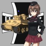  bickle_(bickle1983) brown_eyes brown_hair commentary_request emblem girls_und_panzer grey_background ground_vehicle kuromorimine_(emblem) kuromorimine_military_uniform military military_vehicle motor_vehicle nishizumi_maho short_hair tank tiger_i 