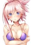  asymmetrical_hair bangs blush breasts cleavage collarbone crossed_arms earrings eyebrows_visible_through_hair fate/grand_order fate_(series) hair_between_eyes highres jewelry long_hair looking_at_viewer medium_breasts miyamoto_musashi_(fate/grand_order) open_mouth pink_hair purple_bikini_top samoore shiny shiny_clothes sideboob solo tied_hair underboob upper_body white_background 