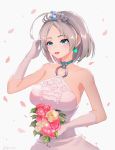  :d ahoge bangs bare_shoulders blue_eyes bouquet breasts collarbone dragon_quest dragon_quest_x dress earrings elbow_gloves flower gloves grey_hair halter_dress halterneck hand_up holding holding_bouquet huge_ahoge jewelry kz_ripo large_breasts leaf o-ring open_mouth parted_bangs petals pink_flower riin_(dq10) short_hair smile solo tiara twitter_username upper_body white_dress white_flower white_gloves 