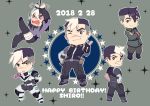  &gt;_&lt; 2018 black_hair bodysuit bound bound_wrists chibi crossed_arms dated facial_hair facial_scar fingerless_gloves gloves glowing glowing_hand grey_eyes hands_on_hips happy_birthday hyakujuu-ou_golion looking_back male_focus miyata_(lhr) multicolored_hair multiple_views open_mouth scar star sweat takashi_shirogane two-tone_hair uniform voltron:_legendary_defender white_hair 