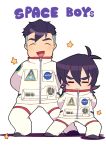  =_= ^_^ arms_behind_back astronaut black_hair closed_eyes english hyakujuu-ou_golion keith_(voltron) male_focus miyata_(lhr) multiple_boys nasa_logo open_mouth parody poptepipic pose smile spacesuit star takashi_shirogane voltron:_legendary_defender 