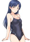  arena_(company) armpit_crease black_swimsuit blue_hair brown_eyes collarbone competition_school_swimsuit cowboy_shot dark_blue_hair flat_chest highres idolmaster idolmaster_(classic) kisaragi_chihaya logo long_hair looking_at_viewer one-piece_swimsuit school_swimsuit simple_background solo swimsuit tsurui white_background 