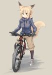  animal_ears batta_(kanzume_quality) bicycle black_legwear blonde_hair blue_hoodie closed_mouth fox_ears fox_tail fox_wife_(batta_(kanzume_quality)) gloves green_eyes grey_background grey_footwear grey_gloves ground_vehicle hood hood_down hoodie long_sleeves looking_at_viewer original pantyhose ponytail shoes shorts smile solo tail 