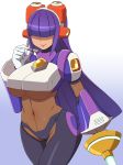  android bangs blunt_bangs blush breasts cameltoe closed_mouth commentary_request cowboy_shot dark_skin gloves gradient gradient_background hair_over_eyes headgear highres hime_cut hips holding holding_weapon konboi-eg large_breasts layer lipstick long_hair makeup midriff mole mole_under_eye navel purple_hair robot_ears rockman rockman_x rockman_x8 smile solo underboob weapon white_gloves 