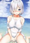 bad_id bad_pixiv_id blue_eyes blush breasts cloud cloudy_sky day eyes_visible_through_hair hair_ornament hair_over_one_eye hairclip hamakaze_(kantai_collection) hcci_pcci jacket kantai_collection large_breasts ocean one-piece_swimsuit school_swimsuit short_hair silver_hair sitting sky solo swimsuit tears track_jacket wariza water white_jacket white_school_swimsuit white_swimsuit 