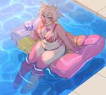  &lt;3 anthro arm_support big_breasts bikini blonde_hair blush breasts clothing cloven_hooves day erect_nipples_under_clothes female floppy_ears food_bikini hair holding_drink holding_glass holding_object hooves jush legs_in_water looking_at_viewer mammal muffin_top outside overweight partially_submerged pig pink_bikini pink_nose pink_skin pool_(disambiguation) pool_float porcine purple_eyes shadow sitting snout sunshine swimsuit two-tone_skin viewed_from_above watermelon_bikini 
