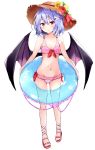  bare_arms bare_shoulders bat_wings bikini blue_hair blush bow bow_bikini breasts brown_hat cleavage collarbone commentary_request eyebrows_visible_through_hair flower frilled_bikini frills full_body groin hair_between_eyes hair_flower hair_ornament hairclip hat hat_flower hat_ribbon highres hyurasan innertube leaf looking_at_viewer navel parted_lips pink_bikini red_bow red_eyes red_footwear red_ribbon remilia_scarlet ribbon sandals short_hair simple_background small_breasts solo standing star star_print stomach sun_hat swimsuit touhou white_background white_flower wings yellow_flower 