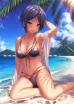  armpits bangs bare_shoulders beach bikini black_bikini blue_hair blue_sky blush breasts chest_tattoo cleavage collarbone commentary_request dark_blue_hair day hand_behind_head hayami_kanade heart_tattoo highres hips idolmaster idolmaster_cinderella_girls jewelry large_breasts looking_at_viewer mountain multi-strapped_bikini navel nazu-na necklace ocean palm_tree parted_bangs pendant sash shade short_hair sitting skindentation sky smile solo sunlight swimsuit tattoo thighs tree wet yellow_eyes 