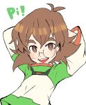  :d arms_behind_head brown_eyes brown_hair glasses hyakujuu-ou_golion miyata_(lhr) open_mouth pidge_gunderson reverse_trap smile voltron:_legendary_defender 