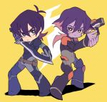  1girl black_hair bodysuit facial_mark fighting_stance grey_eyes gun hyakujuu-ou_golion keith_(voltron) krolia miyata_(lhr) mother_and_son purple_eyes purple_hair purple_skin sword voltron:_legendary_defender weapon yellow_sclera 