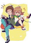  1girl :d blue_eyes boots brown_eyes brown_hair clenched_teeth controller cushion dark_skin dark_skinned_male game_controller glasses hyakujuu-ou_golion jacket lance_(voltron) miyata_(lhr) open_mouth pidge_gunderson shorts sitting smile teeth v-shaped_eyebrows voltron:_legendary_defender 