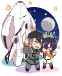  ^_^ black_hair chibi clenched_hand closed_eyes full_moon hyakujuu-ou_golion keith_(voltron) male_focus miyata_(lhr) moon multiple_boys open_mouth smile space_craft star takashi_shirogane uniform voltron:_legendary_defender 