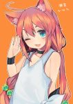  ;d ahoge animal_ear_fluff animal_ears black_choker blue_eyes cat_ears choker hair_bobbles hair_ornament hinata_channel long_hair looking_at_viewer low_twintails makita_(vector1525) nekomiya_hinata one_eye_closed open_mouth orange_background simple_background sleeveless smile solo tank_top translated twintails upper_body virtual_youtuber white_tank_top 