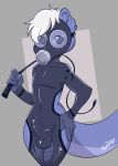  2018 absurd_res anthro balls bdsm bulge digital_media_(artwork) gas_mask hair hi_res looking_at_viewer male mammal mask mustelid otter penis simple_background solo whip ziggy_fox 
