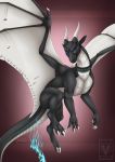  2018 3_toes 4_toes ambiguous_gender black_scales black_skin blue_eyes caelthar claws collar curved_horn digital_media_(artwork) dragon english_text feral fire flying front_view hi_res horn looking_at_viewer markings membranous_wings minerea naughty_face pinkdragonlove pinup pose purple_background quadruped scales scalie sharp_claws signature simple_background smile smooth_horn solo spread_wings text toe_claws toes torn_wings watermark western_dragon white_horn white_scales white_skin wings 