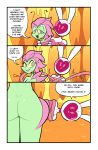  2018 5_fingers armor bound breasts butt clothing comic dialogue digital_media_(artwork) duo english_text female flora_fauna gloves green_skin grin helmet hi_res humanoid lagomorph mammal miscon nude open_mouth pinku_(miscon) plant purple_eyes rabbit rear_view small_breasts smile text tight_clothing trap_(contrivance) uniform 