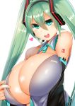  absurdres alternate_breast_size aqua_eyes aqua_hair bare_shoulders breasts detached_sleeves facominn hair_between_eyes hatsune_miku headphones headset heart highres huge_breasts long_hair looking_at_another looking_at_viewer open_mouth paizuri_invitation solo twintails vocaloid 