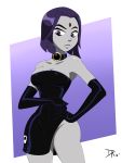  1girl ass bare_shoulders breasts cleavage collar dalley-alpha dress gloves looking_down medium_breasts no_panties purple_eyes purple_hair raven_(dc) short_hair solo standing teen_titans 