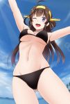  ahoge ass_visible_through_thighs bikini black_bikini blue_sky breasts brown_hair cloud cowboy_shot day double_bun from_below fuuma_nagi hair_bun hairband headgear kantai_collection kongou_(kantai_collection) long_hair looking_at_viewer one_eye_closed open_mouth outstretched_arms remodel_(kantai_collection) sky smile solo swimsuit underboob 