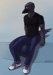  2018 anthro avian big_bulge bird bulge clothed clothing corvid hi_res looking_at_viewer male penis_outline pulsar raven roro_(character) signature sitting solo 