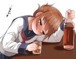  alcohol anchor_symbol blue_skirt blush bottle brown_eyes brown_hair counter cup drinking_glass drunk folded_ponytail glass_bottle holding holding_bottle holding_cup inazuma_(kantai_collection) kantai_collection koharuko_(khrkhrk) liquor long_sleeves looking_at_viewer looking_away nanodesu_(phrase) neckerchief pleated_skirt red_neckwear school_uniform serafuku skirt solo sweat translation_request 
