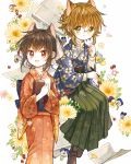  :d androgynous animal_ears back_bow bangs book boots bow brown_hair cat_ears commentary_request cover cover_page floral_background floral_print genkou_youshi glasses green_eyes green_hakama hair_ornament hakama hand_up holding holding_book itou_hachi japanese_clothes kimono long_sleeves looking_at_viewer meiji_schoolgirl_uniform multiple_girls obi open_mouth original red_eyes red_kimono round_eyewear sash short_hair sidelocks sitting smile textless 
