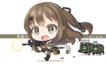  assault_rifle bare_shoulders black_panties boots brown_eyes brown_hair chibi commentary cross-laced_footwear daewoo_k2 dinergate_(girls_frontline) fingerless_gloves firing girls_frontline gloves gun hair_ornament hairclip holding holding_weapon jacket k-2_(girls_frontline) lace-up_boots long_hair off_shoulder open_mouth panties ran_system rifle robot running shell_casing smile underwear weapon 