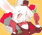 2018 4_fingers anthro bow_tie breasts buckteeth cleavage clothed clothing digital_media_(artwork) female flower gloves hair hat hi_res lagomorph long_hair looking_at_viewer mammal one_eye_closed paperclip_(artist) plant portrait rabbit red_eyes rose smile solo teeth top_hat whiskers white_hair wink 