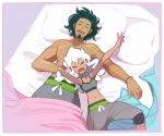  1girl bed black_hair blanket bra bracelet burnet_(pokemon) closed_eyes commentary_request dark_skin dark_skinned_male drooling facial_hair goatee hair_down highres husband_and_wife jewelry kukui_(pokemon) mayuzumi navel necklace open_mouth pants pillow pokemon pokemon_(game) pokemon_sm ring shirtless sleeping sleeping_on_person snoring sports_bra stomach sweatpants underwear wedding_ring white_hair 