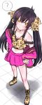  ? absurdres animal_print bangs bare_shoulders black_hair boots breasts cleavage closed_mouth crop_top cross-laced_footwear eyebrows_visible_through_hair eyes_visible_through_hair frown groin hair_between_eyes hair_ribbon hands_on_hips highres idolmaster idolmaster_cinderella_girls lace-up_boots legs_apart leopard_print long_hair long_sleeves matoba_risa miki_masao miniskirt navel pink_skirt ribbon shadow sidelocks skirt small_breasts solo spoken_question_mark standing strap_slip tank_top twintails v-shaped_eyebrows yellow_eyes 