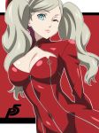  ;) bangs blue_eyes bodysuit breasts cleavage covered_navel earrings gloves grey_hair jewelry large_breasts long_hair looking_at_viewer one_eye_closed persona persona_5 pink_gloves pink_lips ra-pen red_background red_bodysuit smile solo stud_earrings swept_bangs takamaki_anne twintails zipper 