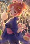  :d abe_nana animal_ears bunny_ears commentary_request cotton_candy fireworks hair_ornament hairclip highres idolmaster idolmaster_cinderella_girls japanese_clothes kimono looking_at_viewer md5_mismatch obi open_mouth orange_hair red_eyes sash shiratama_akane short_hair short_ponytail smile solo twitter_username yukata 